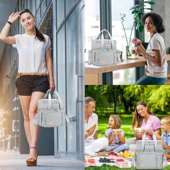 Double Deck Insulated Lunch Box for Men & Women, Leakproof Tote Cooler (Grey) - Picture 4 of 7